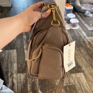 Buckle Taupe Crossbody Sling Bag with Gold Hardware - Women
